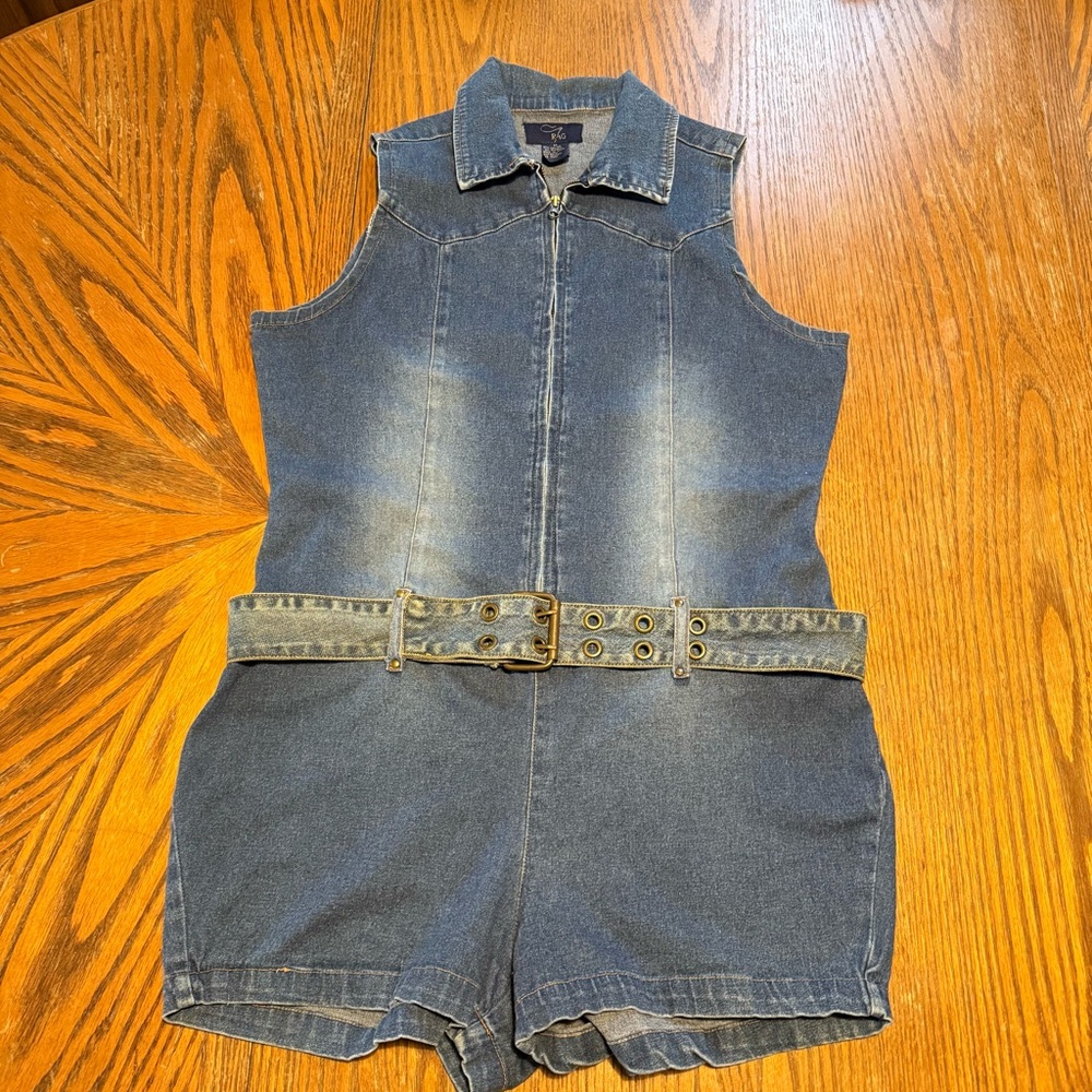 Rag Vintage 90’s Denim Jeans Fitted Sleeveless Collared Romper W Belt Sz Medium